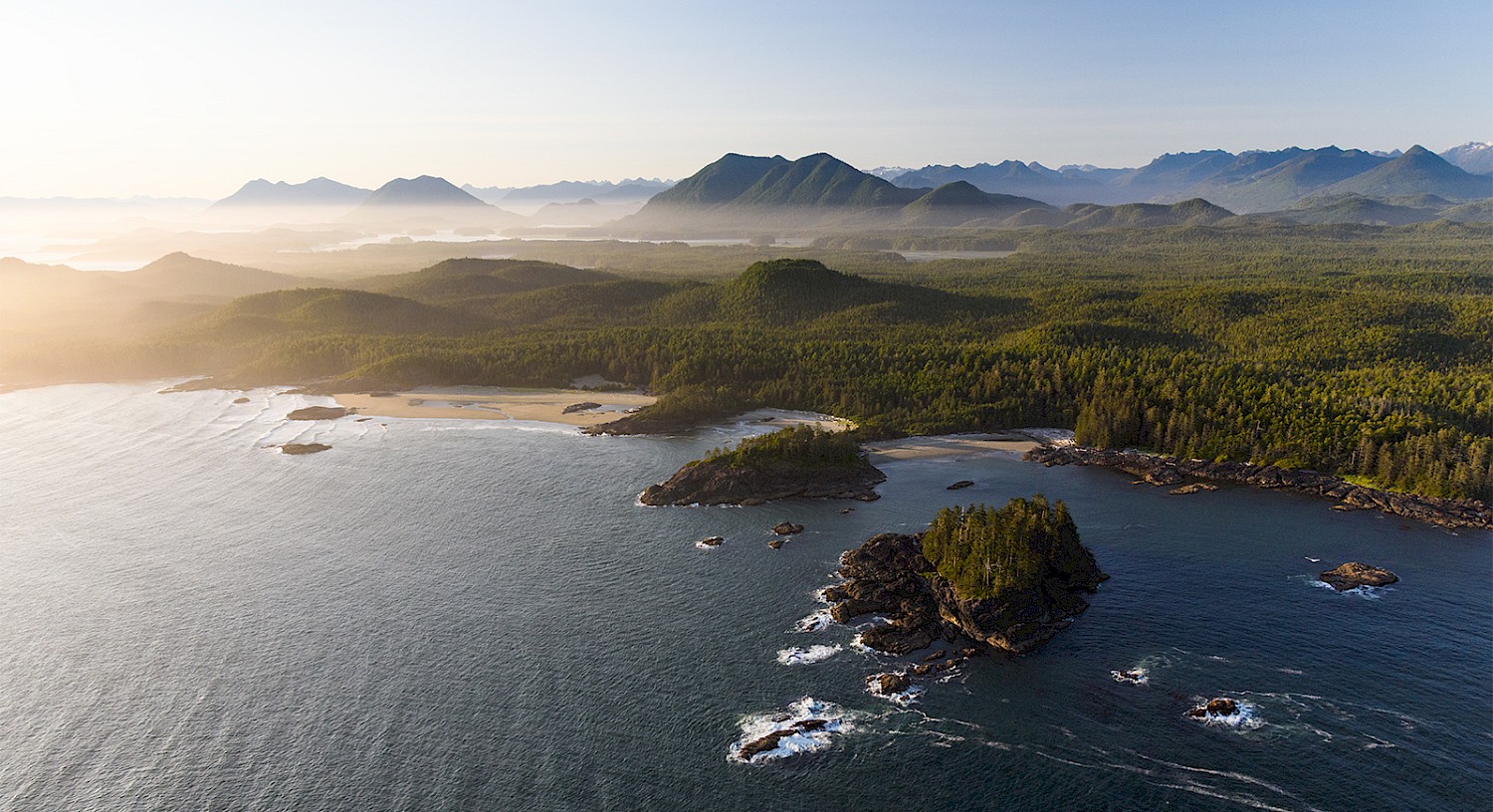 Aerial view of Pacific Rim National Park Reserve showing forested headlands and sandy coves