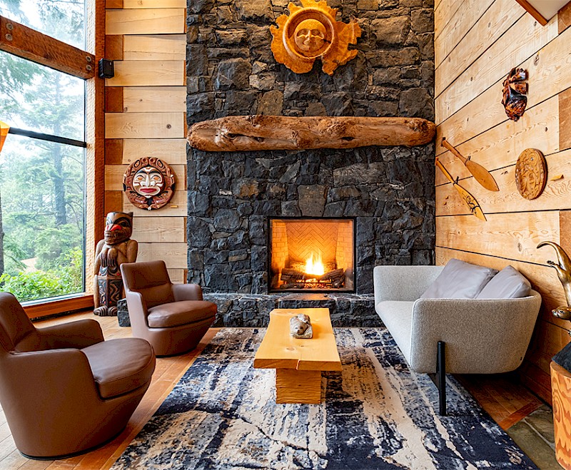 Cozy sitting area around the fire in the Beach Building Lobby